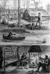 La vita dei trapper (cacciatori professionisti) in Canada: in alto, uno dei trapper vicino alla sua capanna, in basso, lavorano la pelle e estraggono la pelliccia dalla pelle delle barbabietole. Incisione del XIX secolo