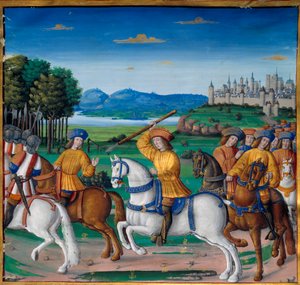 La follia di Carlo VI (1368-1422). Il 5 agosto 1392, nella foresta di Le Mans, iniziò a manifestare attacchi di furiosa follia: urlando per tradimento, attaccò la sua stessa truppa e uccise quattro persone. Cronache di Enguerrand de Monstrelet da Unknown artist