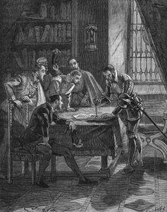 Il maresciallo di Vieilleville pianta il suo pugnale in un brevetto con cui il Re di Francia Enrico II (1519-1559) gli concedeva e ai cinque signori presenti nella stanza il diritto alla confisca di tutti gli usurai e luterani di Guienna, Limousin, Quercy  da Unknown artist