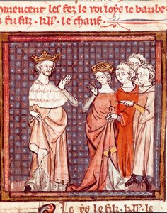 Il matrimonio di Luigi II il Balbo (846-879) re dei Franchi e Adelaide del Friuli nel 875. Miniatura tratta da 
