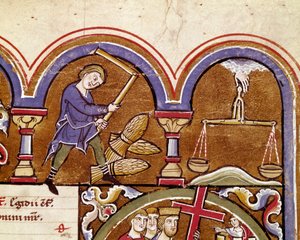 Il mese di settembre, lavori agricoli, raccolta, trebbiatura del grano con un fiore. Dettaglio di una pagina di manoscritto tratta da 