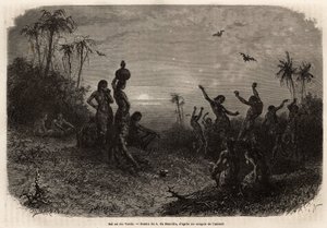 Il ballo al chiaro di luna, che chiude la cerimonia del 18° anniversario e il matrimonio di un giovane indiano di Rio Verde (Brasile). Incisione per illustrare il viaggio nella Nuova Granada, del Dr. Saffray, nel 1869, pubblicato in "Le tour du monde" 1873 da Unknown artist