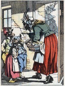 La madre capra parte per la passeggiata e avverte i suoi biquets. Illustrazione della fiaba "Compere le Loup, Maitre Renard, Comere la Chevre et ses petits biquets" dopo una favola di Jean de la Fontaine. In "Fiabe dalla casa per i piccoli". Incisione anon