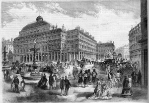 La nuova piazza del teatro francese (Comédie Française) con le fontane proiettate al Palais Royal a Parigi. Incisione in 