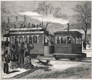 I nuovi tram a vapore a Parigi nel 1876 sulla linea di Saint-Germain-des-Prés alla porta di Chatillon, incisione. Collezione Bianchetti da Unknown artist