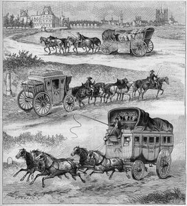 La vecchia carrozza da viaggio, la carrozza da viaggio del XVII secolo, la carrozza da viaggio del XVIII secolo e la diligenza prima delle ferrovie. Incisione in "La natura" del 1888 da Unknown artist