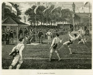 Il gioco del palmo a Franeker (Paesi Bassi). Incisione per illustrare la storia La Frisia, basata su un rapporto di un giornale olandese, in Le Tour du monde 1886, diretto da Edouard Charton (1807-1890), Hachette, Parigi. da Unknown artist
