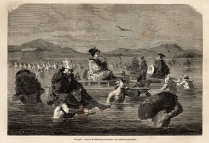Il passaggio di un guado, con presentazione dei modi di trasporto dei passeggeri e dei bagagli. Incisione per illustrare il viaggio in Giappone, nel 1863-1864, di Aime Humbert, ministro della Confederazione Svizzera, in 