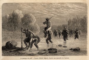 Il passaggio del guado, gli indiani Siriniris, propongono spontaneamente di trasportare sulle loro spalle i membri della spedizione, per farli attraversare gli stagni formati ai piedi del Monte Basiri (Perù). Incisione per illustrare il viaggio nelle valli da Unknown artist