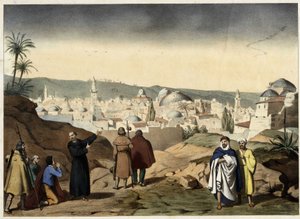 I pellegrini arrivano alla città di Gerusalemme. Incisione anonima della metà del XIX secolo - in 