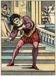 Il principe raccoglie la scarpetta di vetro di Cenerentola. Illustrazione del racconto di Charles Perrault "Cenerentola o La piccola scarpetta di vetro"