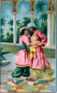 Il ritorno del principe. Racconto "Histoire du cheval enchanté" in "Les mille et une nuits". Cromolitografia della fine del XIX secolo. da Unknown artist