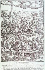 La tavola rotonda dei vizi: gioco, avarizia, lussuria, orgoglio... - Incisione 1546