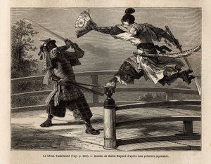 Il samurai Yashitsune in equilibrio sulla barriera di un ponte, attacca un samurai in armatura. Incisione per illustrare il viaggio in Giappone, nel 1863-1864, di Aime Humbert, ministro della Confederazione Svizzera, in "Le tour du monde, nouveau journal d da Unknown artist