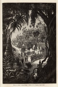 Le celebrazioni stagionali a Luang Prabang, capitale reale di Lan Xang (regno dei milioni di elefanti) (attuale Laos), consistenti in una processione degli abitanti e una pagoda di culto per tutta la città. Incisione per illustrare un viaggio di esplorazio