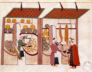 Il negozio del mercante delle quattro stagioni, sui vizi di frutta e verdura Miniatura da un manoscritto Cicogna del 19° secolo (1828) dopo un originale del 17° secolo (1671). Venezia, Biblioteca Marciana da Unknown artist