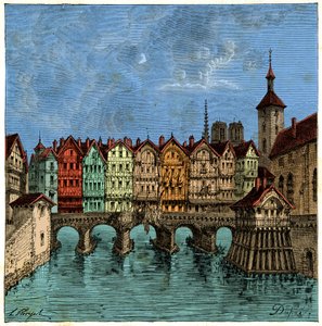 Il piccolo ponte che in seguito divenne il Pont au Change a Parigi nel Medioevo, incisione del XIX secolo da Unknown artist