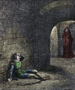 Lo spettro della torre. Il prigioniero incatenato in una prigione vede un fantasma davanti a sé. Illustrazione per 