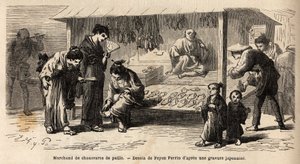 Il negozio di un venditore di scarpe di paglia, con diversi clienti, una donna che prova un paio con le sue amiche e un padre che si prende cura del suo bambino. Incisione per illustrare il viaggio in Giappone, nel 1863-1864, di Aimé Humbert, ministro dell