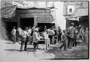 I venditori ambulanti e la passeggiata del quartiere della Vucciria a Palermo, Sicilia. Incisione del XIX secolo da Unknown artist