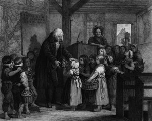 Gli studenti di una classe si riuniscono per dare fiori al loro insegnante di scuola nel giorno del suo compleanno. Incisione del XIX secolo da Unknown artist