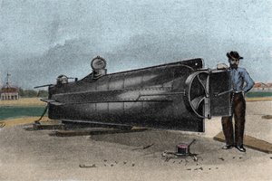 Il sottomarino CSS H. L. Hunley usato dalla Marina degli Stati Confederati durante la guerra di secessione. 1861-1865. Incisione del XIX secolo da Unknown artist