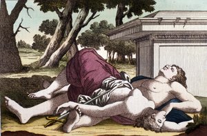 Il suicidio di Piramo sotto il gelso e la morte di Tisbe. Convinto che la leonessa avesse divorato Tisbe, Piramo si suicida e copre di sangue i bianchi gelsi. Tisbe, nascostasi per sfuggire alla leonessa, trova il suo amore morto e si suicida da Unknown artist