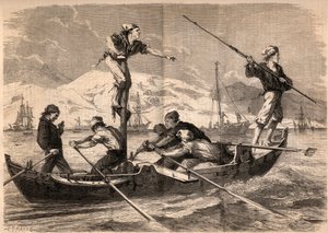 La pesca del pesce spada sulla costa della Sicilia in Italia nel 1862. Incisione in "Le Monde illustré" del 1862. Collezione privata. da Unknown artist