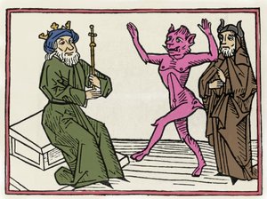 Il processo di Belial: "Il demone Belial danza davanti al giudice Salomone" Incisione da "Il processo di Belial" di Jacobus de Teramo (o Palladino), Ausburg da Unknown artist