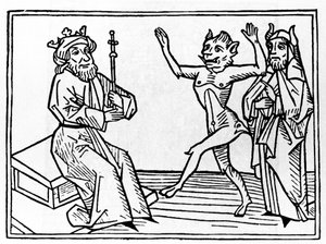 Il processo di Belial: "Il demone Belial danza davanti al giudice Salomone" Incisione da "Il processo di Belial" di Jacobus de Teramo (o Palladino), Ausburg da Unknown artist