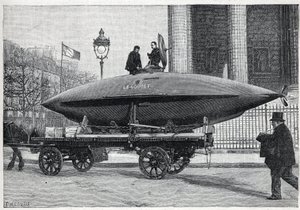 Il sottomarino "Le Goubet", trasportato per esperimenti, passa per Place de la Madeleine a Parigi. Incisione in "La Nature"