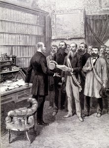 La visita dei delegati dei lavoratori al Palais Bourbon (Jules Guesde, Mr Ferroul, Mr Baudin e Mr Thivrier) al Segretario Generale della Presidenza: Mr Martin, durante la manifestazione del 1° maggio da Unknown artist