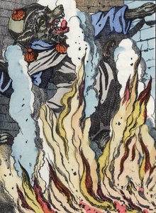 Il lupo cade nel fuoco del camino. Illustrazione della fiaba "Compere le Loup, Maitre Renard, Comere la Chevre et ses petits biquets" dopo una favola di Jean de la Fontaine. In "Fiabe dalla casa per i piccoli". Incisione anonima del XIX secolo da Unknown artist