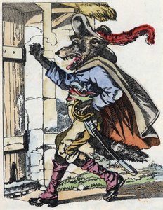 Il lupo bussa alla porta della casa del biquet. Illustrazione della fiaba "Compere le Loup, Maitre Renard, Comere la Chevre et ses petits biquets" di Jean de la Fontaine. In "Fiabe della casa per i piccoli". Incisione anonima da Unknown artist