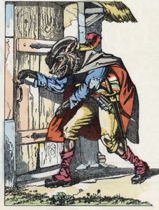 Il lupo bussa alla porta della casa dei biquets. Illustrazione della fiaba "Compere le Loup, Maitre Renard, Comere la Chevre et ses petits biquets" dopo una favola di Jean de la Fontaine. In "Fiabe dalla casa per i piccoli". Incisione anonima da Unknown artist