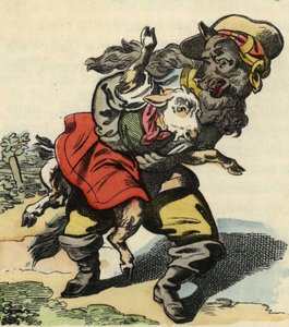 Il lupo scappa con il capretto. Illustrazione del racconto "Bon Médor e il piccolo capretto". In "Racconti dalla casa per i piccoli". Incisione anonima del XIX secolo