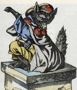 Il lupo si siede sul camino. Illustrazione della fiaba "Compere le Loup, Maitre Renard, Comere la Chevre et ses petits biquets" di Jean de la Fontaine. In "Fiabe della casa per i piccoli". Incisione anonima del XIX secolo