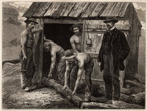 I lavoratori del legno della miniera di Montchanin, gettandoli nel pozzo inclinato; in costume, l