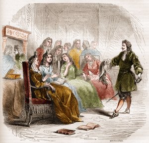 Lo scrittore Georges de Scudéry (1598-1667) durante un salotto letterario organizzato da sua sorella, Madeleine de Scudéry, nel 1650. Incisione del 1860-1861 da Unknown artist