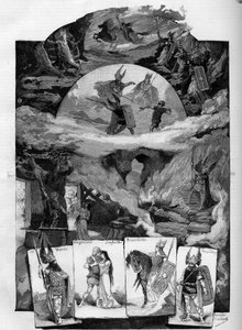 Pezzo teatrale "Die Walkure" (La Valchiria), dramma di Richard Wagner (1813-1883) rappresentato al Théâtre de la Monnaie a Bruxelles. Incisione in "Le monde illustre" da Unknown artist
