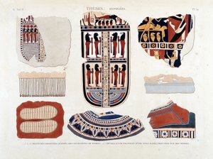 Tebe, Ipogei: 1.2.3.6.7.8. dipinti da involucri di mummie 4.5. Dettagli di una frangia e di una tela a righe, trovati su mummie - in 