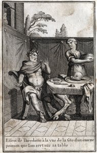 Teodorico il Grande (ca. 454/455-526), re dei Goti, è spaventato alla vista della testa di un enorme pesce servito sulla sua tavola. Incisione in 