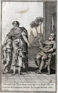 Teodosio I (Flavio Teodosio) (347-395), imperatore romano, vuole che i suoi due figli, Arcadio (377-408) e Onorio (384-423), si alzino per ascoltare le lezioni del loro insegnante. IV secolo. Incisione in "Bellezza della storia del basso impero" redatta da da Unknown artist
