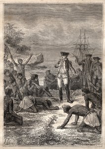 Terzo viaggio (1776-1779) del Capitano James Cook (1728-1779): Cook è accolto dai nativi (Hawaii) - illustrazione tratta da "I grandi marinai del XVIII secolo" da Unknown artist