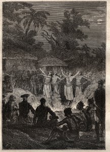 Terzo viaggio (1776-1779) del Capitano James Cook (1728-1779): una festa sulle isole degli Amici (Regno di Tonga, Polinesia) - illustrazione tratta da 