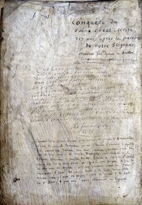 Pagina del titolo di un manoscritto: Conquista del Santo Graal, scritto 717 anni dopo la passione del nostro Signore. Biblioteca municipale di Rennes, ms. 255 (Collezione di romanzi della Tavola Rotonda) da Unknown artist