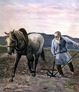 Tolstoj che ara. Incisione fine XIX secolo. da Unknown artist