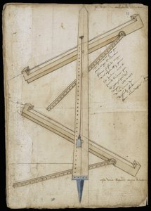 Macchina di misurazione della torre - Manoscritto: foglio di pergamena di un manuale di ingegneria per la costruzione di edifici civili, religiosi e militari, anonimo, fine XV secolo (figura in inchiostro cinese) da Unknown artist