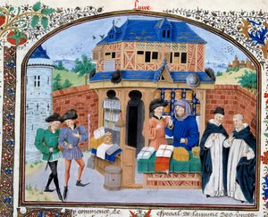 Commercio: un negozio di mercante. Miniatura dal manoscritto 