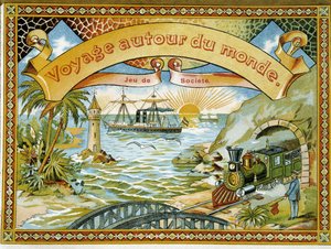 Treno, faro e barca, copertina del gioco "Viaggio intorno al mondo", XIX secolo